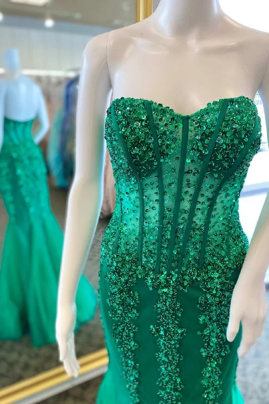 prom dresses for curve-hugging figuresGreen Sequin Strapless Mermaid Long Prom Dress