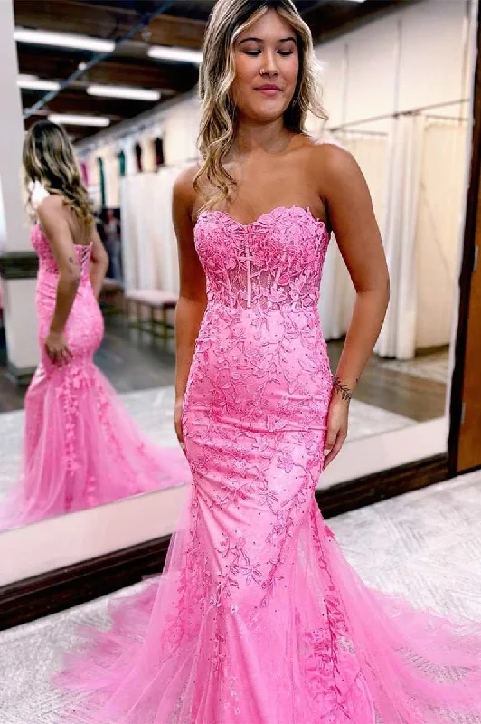 prom dress alterationsHot Pink Appliques Sweetheart Trumpet Long Prom Gown