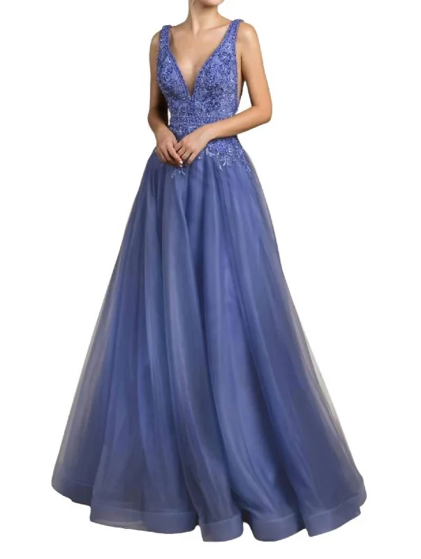 short prom dressesPeony Embroidered A-Line Prom Dress In Perry Blue