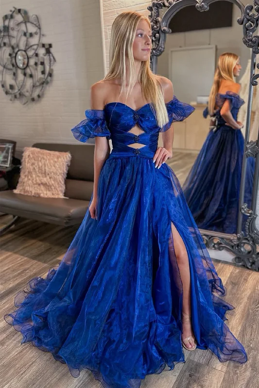 prom dress try-on ideasRoyal Blue Tulle Off-Shoulder Rhinestones Long Prom Dress with Slit