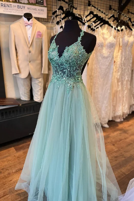 modern prom dressesDusty Sage Flower Straps Beaded V Neck Long Prom Dress