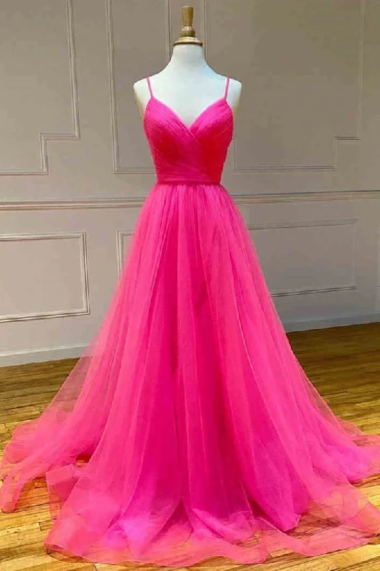 ready-to-wear prom dressesStraps Hot Pink Tulle Long Prom Dress