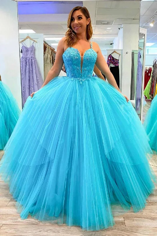 modern prom dressesA-Line Lace Appliques Blue Prom Dress