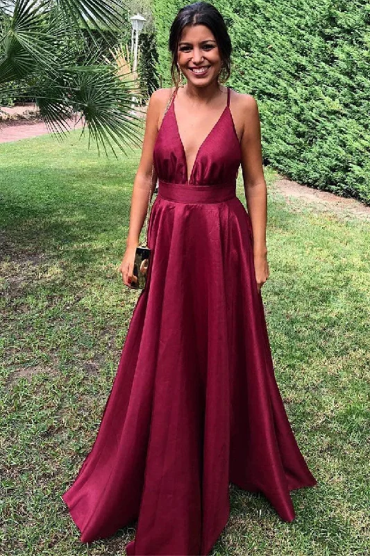 mini prom dressesGorgeous A-line V Neck Burgundy Long Prom Dress