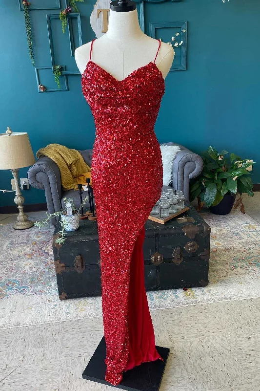 bodycon prom dressesRed Sequin Cowl Neck Lace-Up Back High-Low Prom Dress