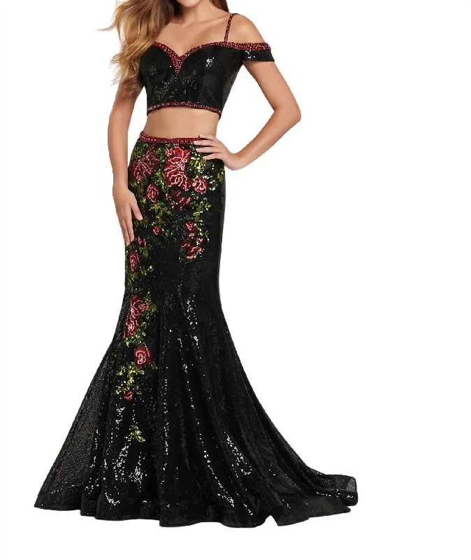 prom dress alterations2 Piece Embellished Sequin Floral Prom Dress In Black/multi