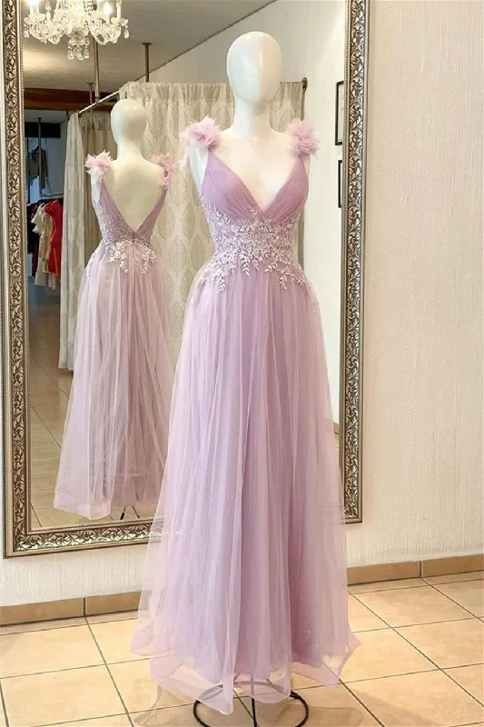 empire waist prom dressesPink Deep V Neck Flowers Pleated Appliques Long Prom Dress