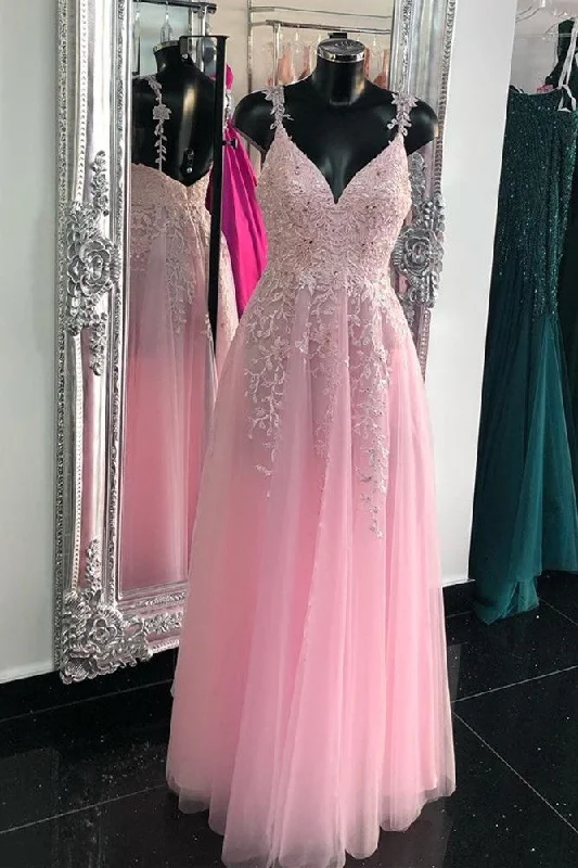 sleeveless prom dressesPrincess Pink Tulle Long Prom Dress with Appliques