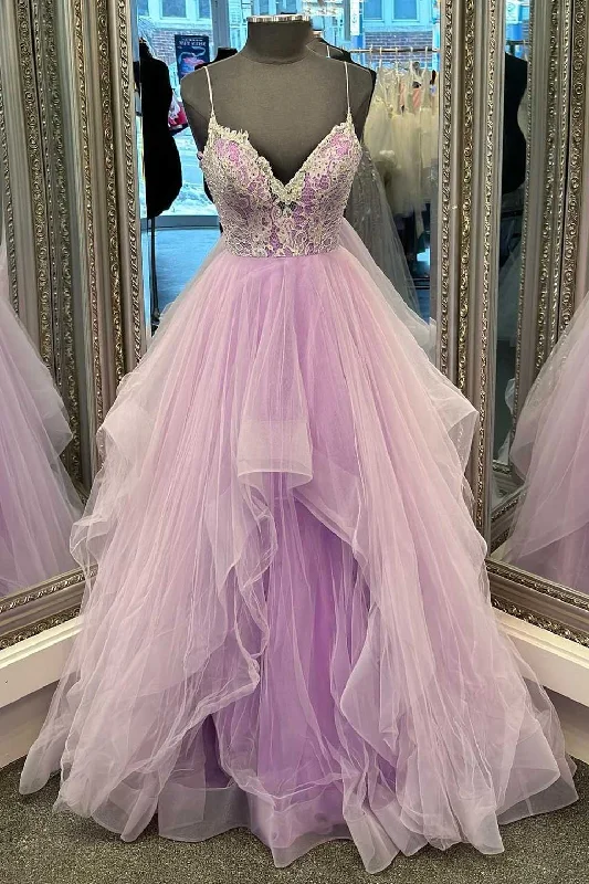 prom dress inspiration galleriesLilac Tulle Lace V-Neck Tiered Layers A-Line Prom Dress