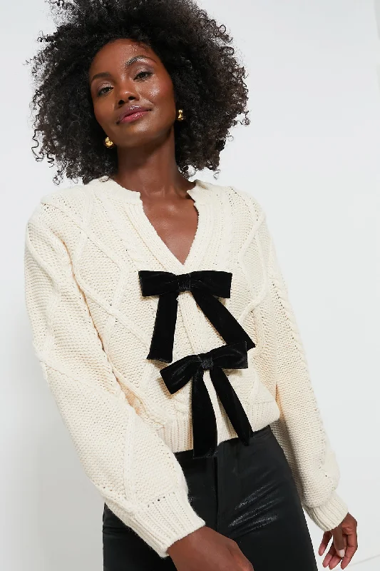 Chunky SweatersCream & Black Velvet Bows Bess Cardigan