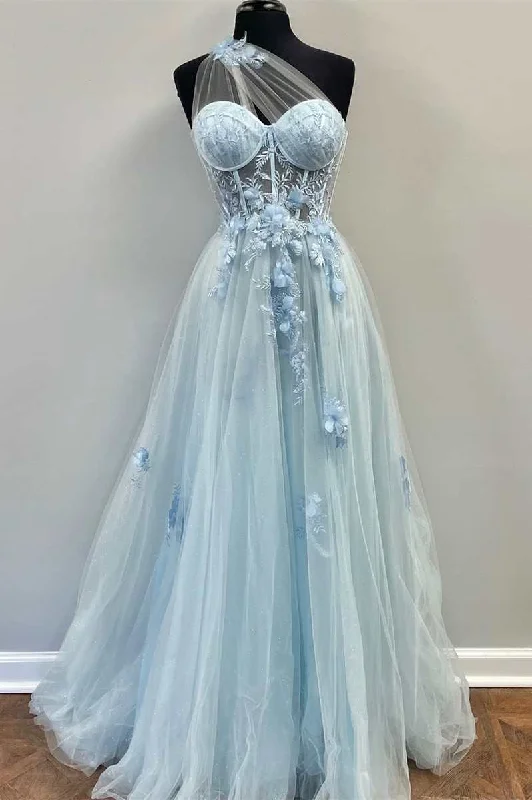 petite prom dressesOne-Shoulder Light Blue Tulle 3D Floral Lace A-Line Prom Dress