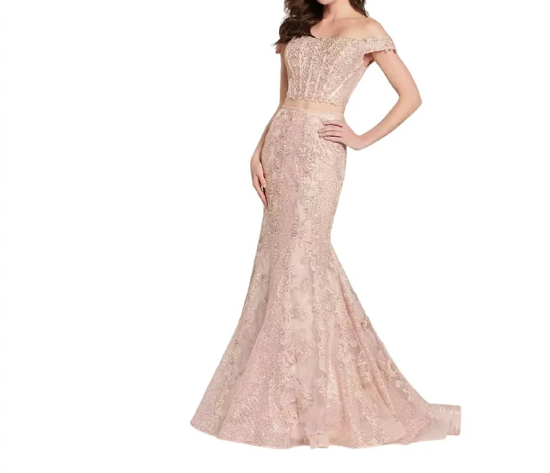 prom dresses for winter2 Piece Off Shoulder Lace Bead Tulle Prom Dress In Rose Gold