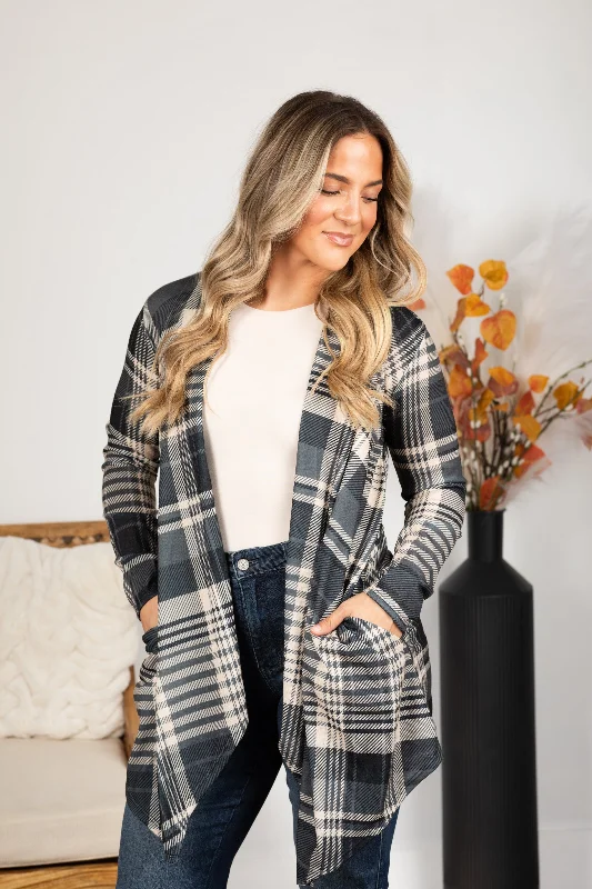 Oversized SweatersCharcoal Plaid Open Cardigan