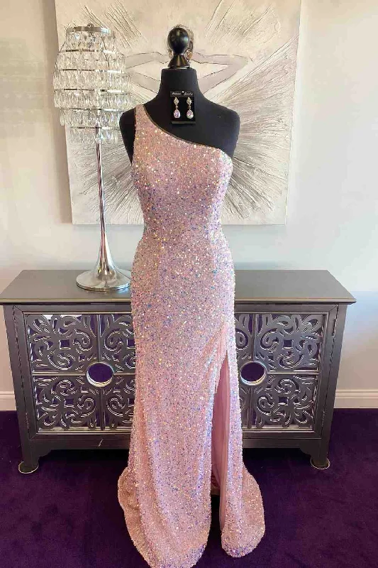 petite prom dressesPink Mermaid One Shoulder Sequins Keyhole Long Prom Dress with Slit