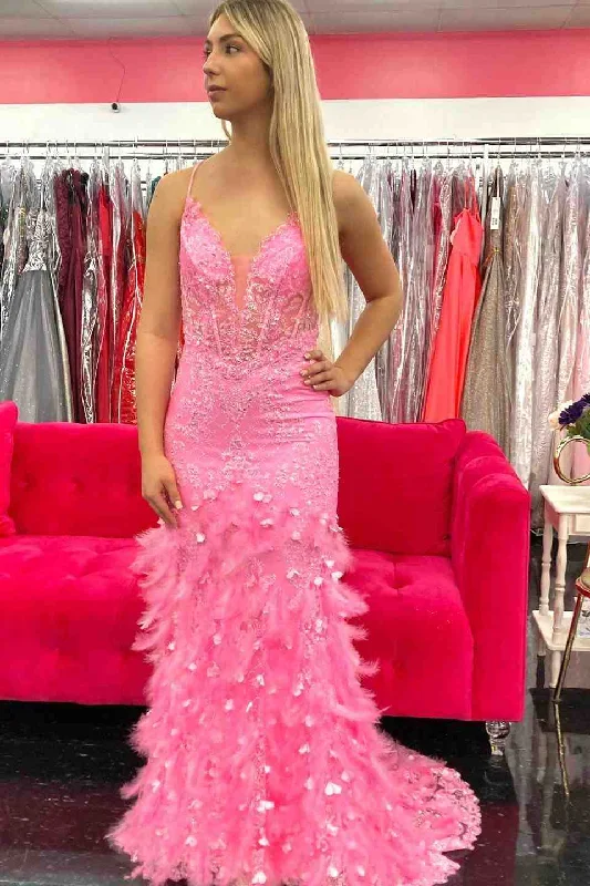 prom dresses with floral embroideryHot Pink Mermaid V Neck Lace Tulle Lace-Up Back Long Prom Dress with Feathers