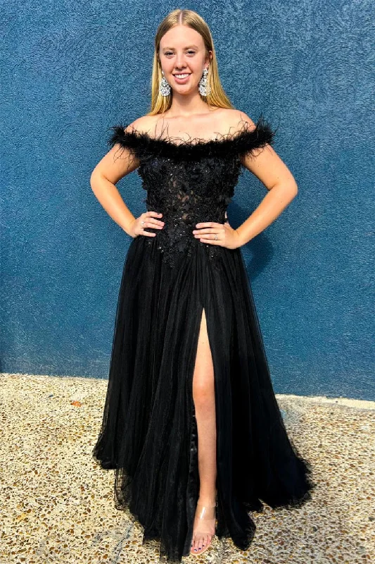 off-the-shoulder prom dressesBlack Feathered Off-Shoulder Floral A-line Long Prom Dress with Slit