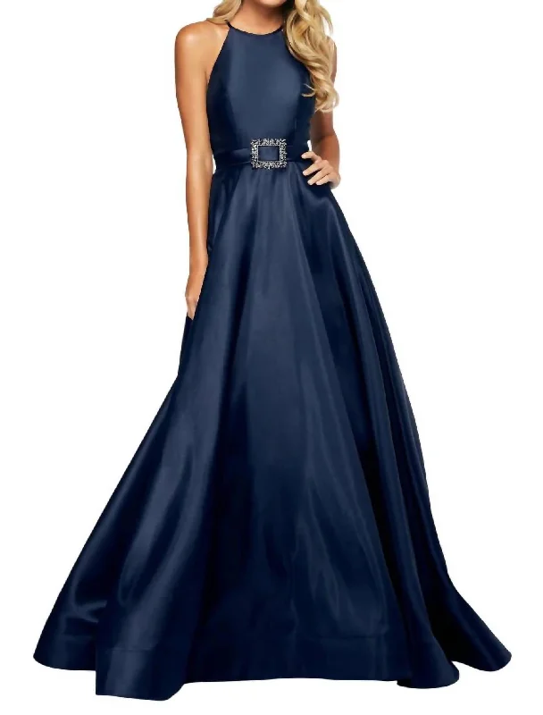 convertible prom dressesHigh-Cut Halter Prom Dress In Navy