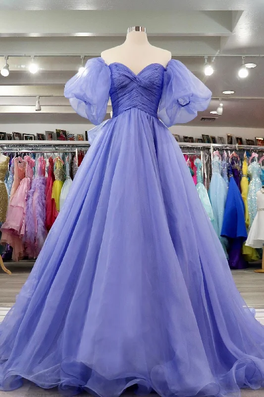 convertible prom dressesLavender Tulle A-line Off-Shoulder Puff Sleeves Pleated Long Prom Dress