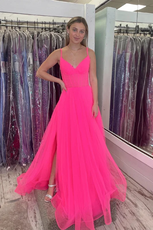 empire waist prom dressesHot Pink V Neck Tulle A-line Prom Dress with Slit