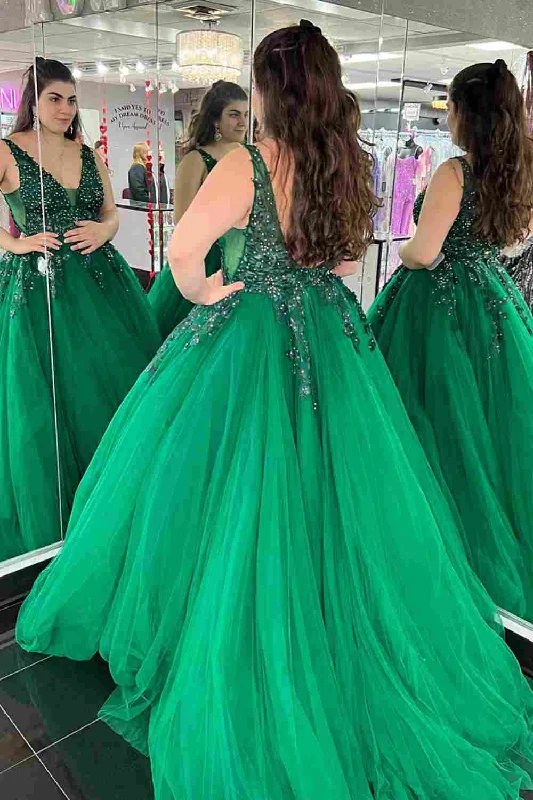 dark prom dressesHunter Green A-line V Neck Beaded Applique Tulle Long Prom Dress