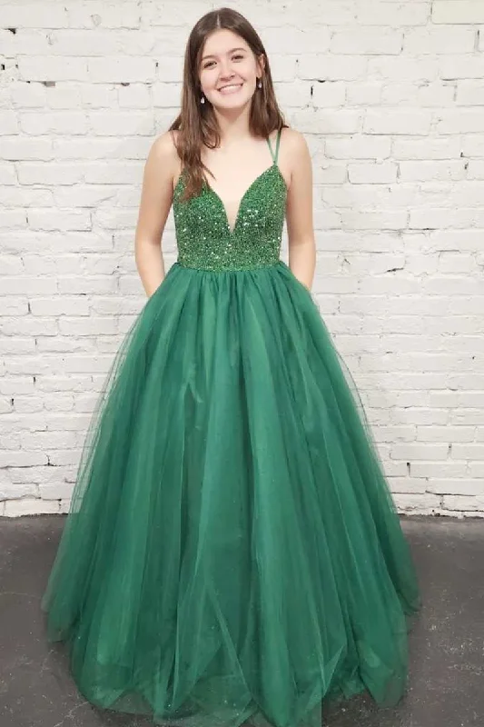 high-low prom dressesGreen Tulle Sequin Lace-Up Back A-Line Prom Gown