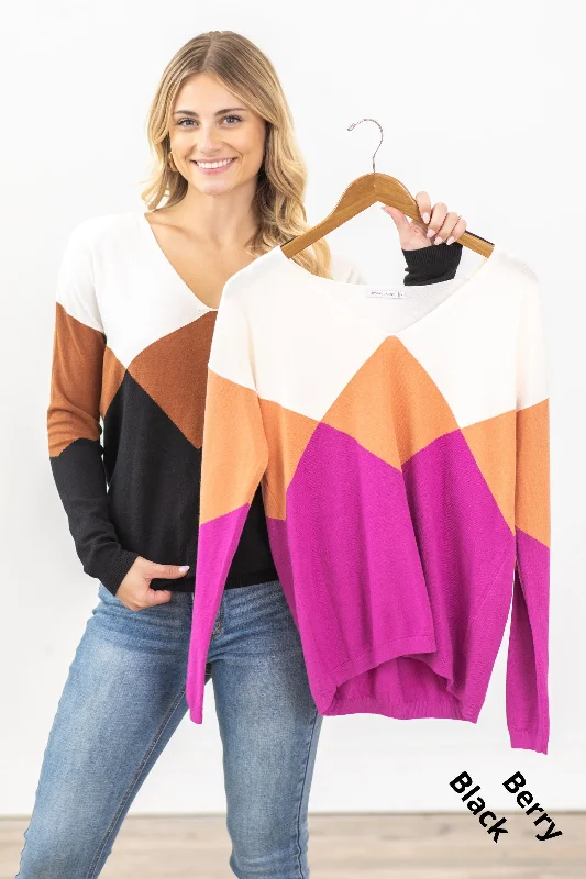 Thick SweatersColorblock Geometric Print V-Neck Sweater