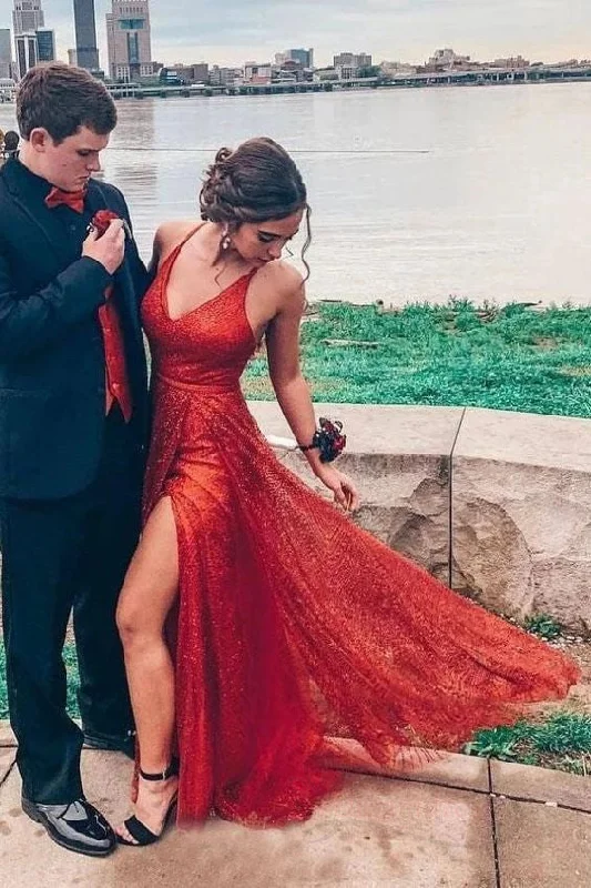 high-low prom dressesSparkly V Neck A-Line Red Long Prom Dress with Slit