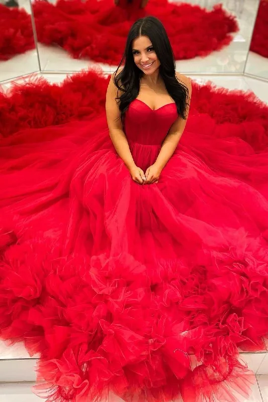 metallic prom dressesRed Sweetheart A-Line Long Prom Gown with Ruffles