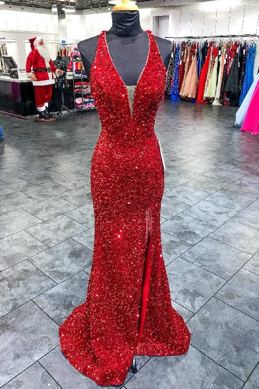 two-piece prom dressesRed Sequin Plunge V Backless Mermaid Long Prom Dress with Slit