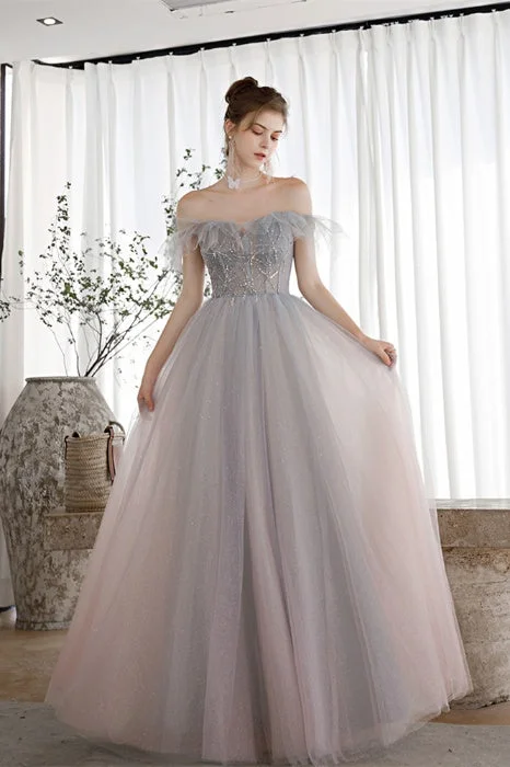 prom dress fitting adviceA-Line Strapless Beaded Tulle Long Prom Dress