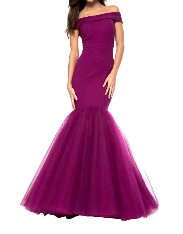 illusion neckline prom dressesTulle Mermaid Skirt Prom Dress In Plum