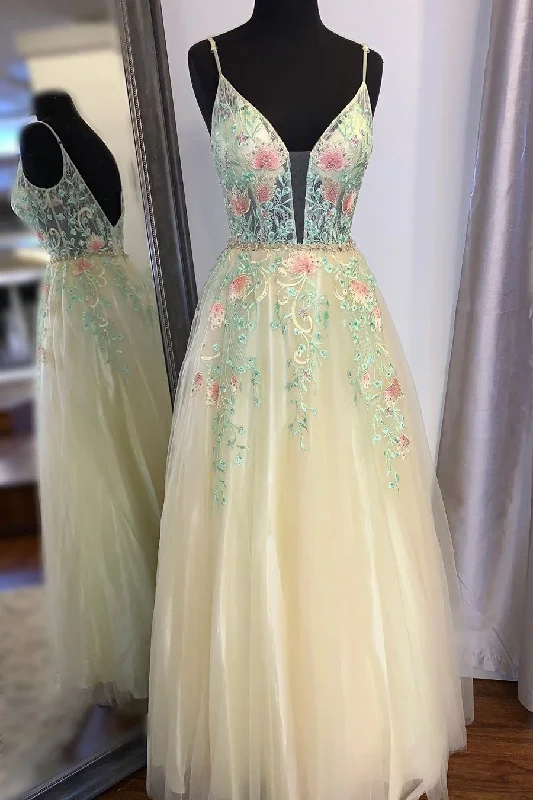 prom dresses with pocketsGorgeous Straps A-Line Floral Embroidered Long Prom Dress