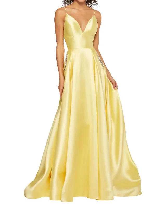 halter neck prom dressesSatin A-Line Prom Dress In Yellow