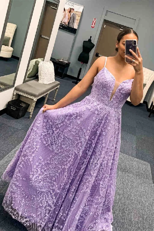 prom dresses with sheer overlaysElegant Lavender Embroidery A-Line Long Prom Dress