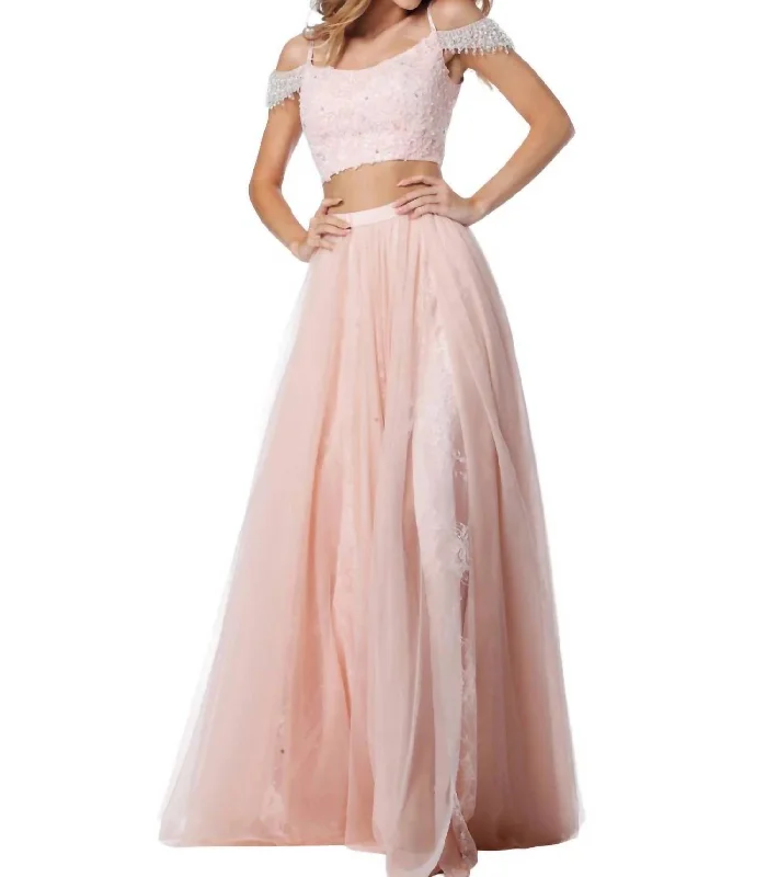 prom dresses with beaded accentsBeaded Shoulder Strap Prom Dress In Blush