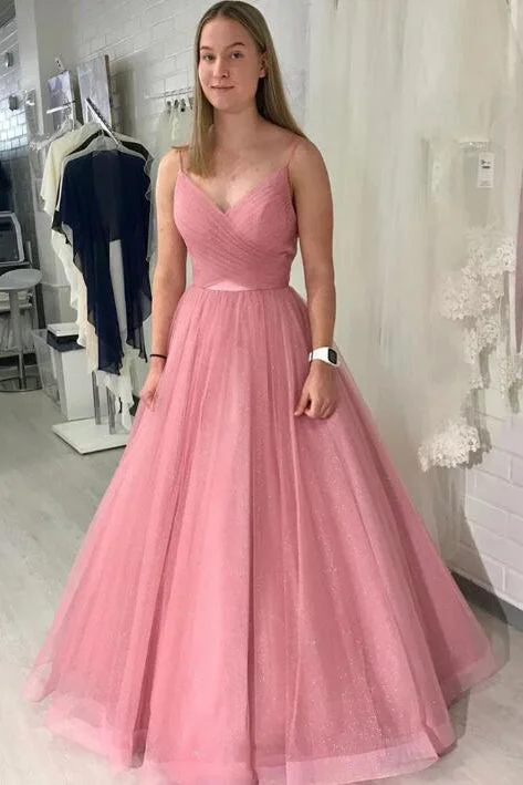 prom dresses for curve-hugging figuresSimple Straps A-Line Pink Long Prom Dress with Backless