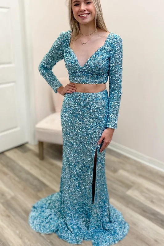 sequined prom dressesTwo Piece Light Blue Sequins Long Sleeves Prom Dress