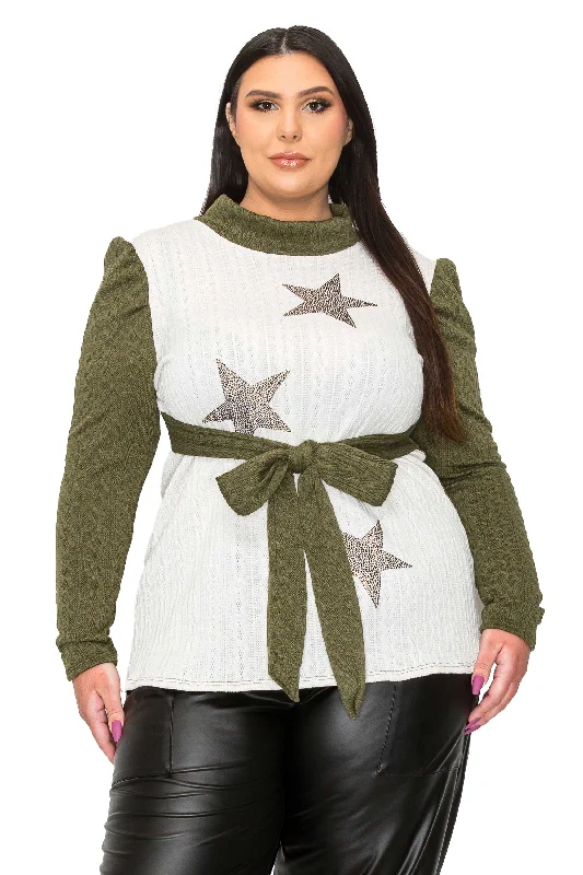 Plus-Size Quick-Dry Soft Knitted SweatersBritt Star Embellished Waist Tie Sweater