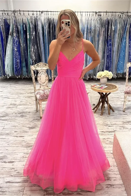 fitted prom dressesPink Deep V Neck Straps A-line Tulle Long Prom Dress