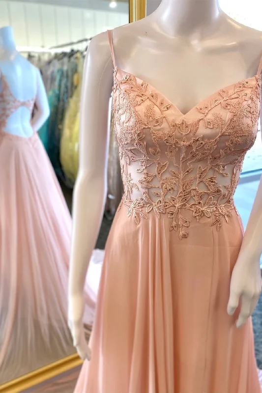 mini prom dressesSimple Pink A-line Lace Appliques Chiffon Long Prom Dress