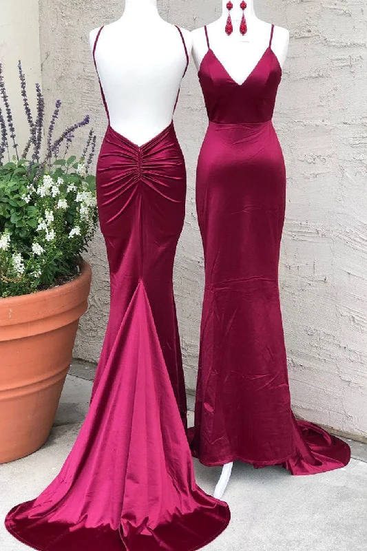 budget-friendly prom dressesElegant Wine Red Mermaid Long Prom Dress with Train