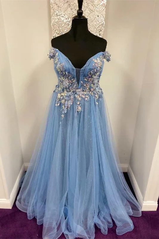 sleeveless prom dressesFairy-Tale Blue Floral Appliques Off-the-Shoulder A-Line Prom Gown