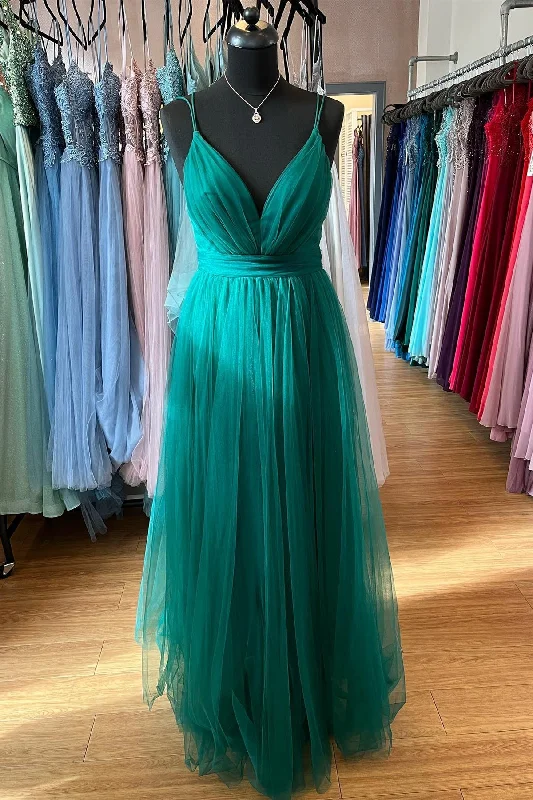 cap sleeve prom dressesHunter Green A-line Plunging V Neck Double Straps Pleated Long Prom Dress