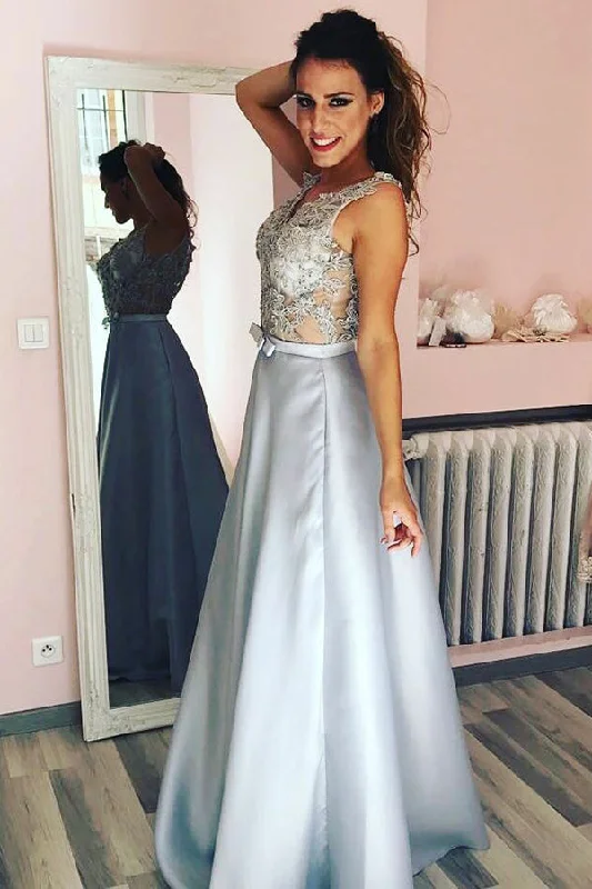 mermaid prom dressesElegant A-Line Silver Long Prom Dress with Appliques