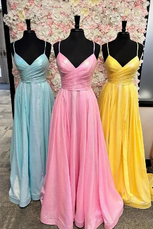 backless prom dressesSimple A-line Pleated Spaghetti Straps Long Prom Dress