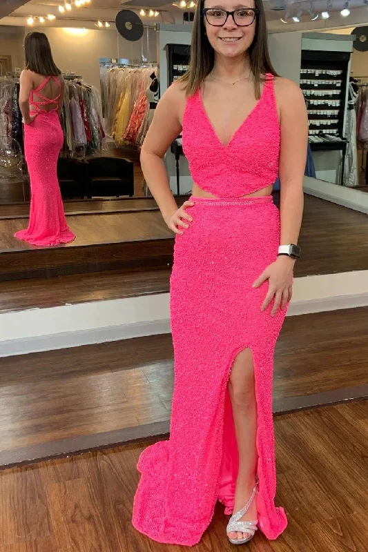 elegant prom dressesGorgeous Hot Pink Sequin Mermaid Cutouts Long Prom Dress