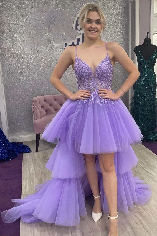 custom prom dressesHigh-Low Lavender Lace V-Neck Tiered Prom Dress