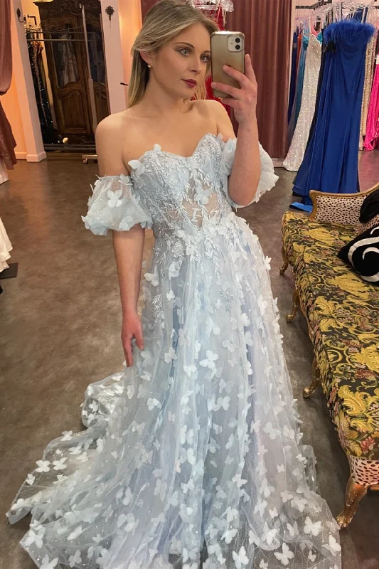 silk prom dressesLight Blue Off-the-Shoulder A-line Butterfly Tulle Long Prom Dress