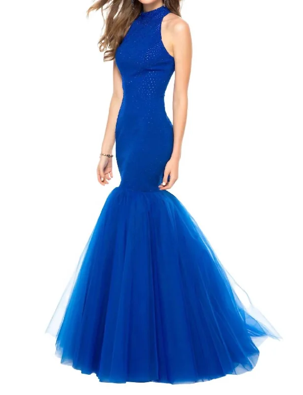 prom dresses with sheer overlaysBeaded Jersey Mermaid Prom Dress In Royal