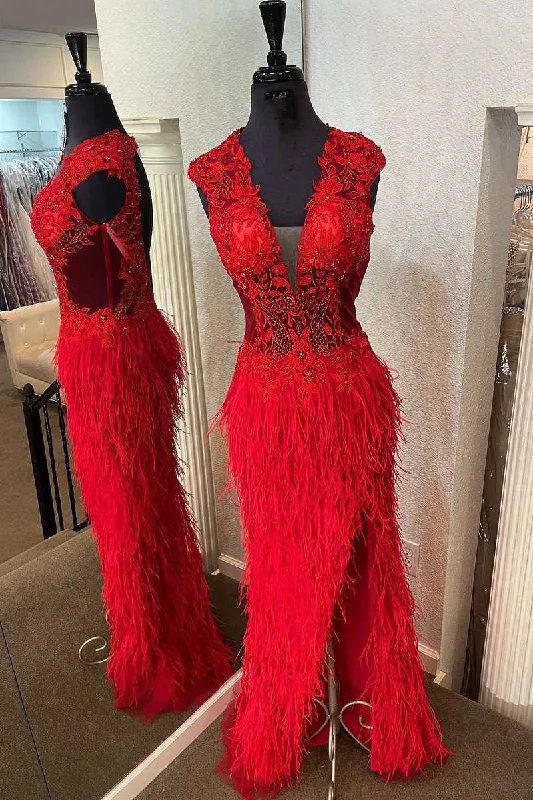 floral prom dressesRed Lace Feather V-Neck Long Prom Dress with Slit